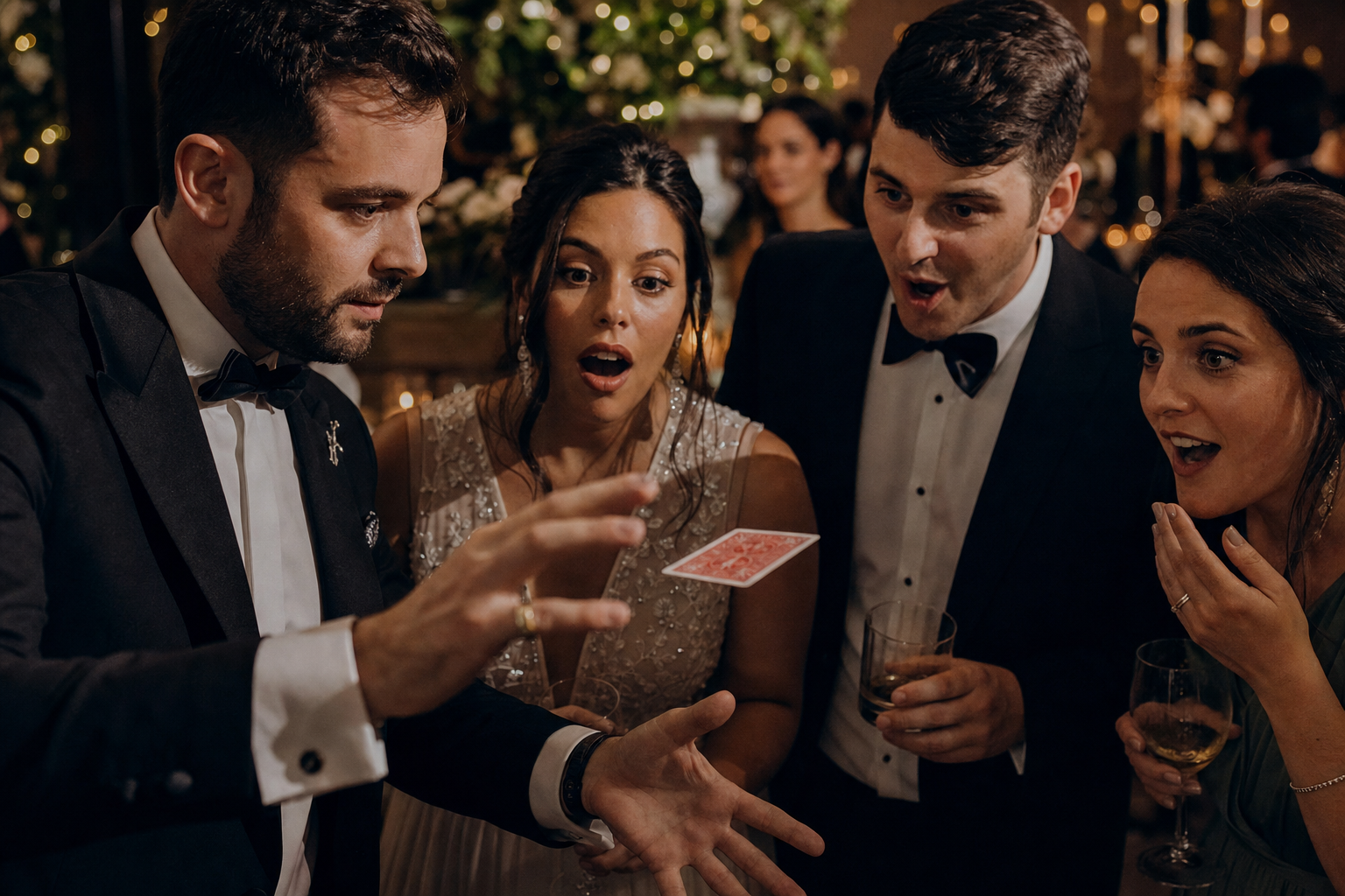 Maverick performing walk-around magic at a wedding